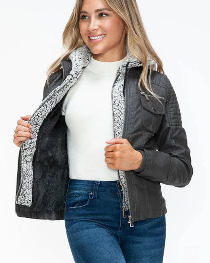 YMI Removable Faux Layered Multi-Pocket Jacket with Fuzzy Hood - ShopEasier