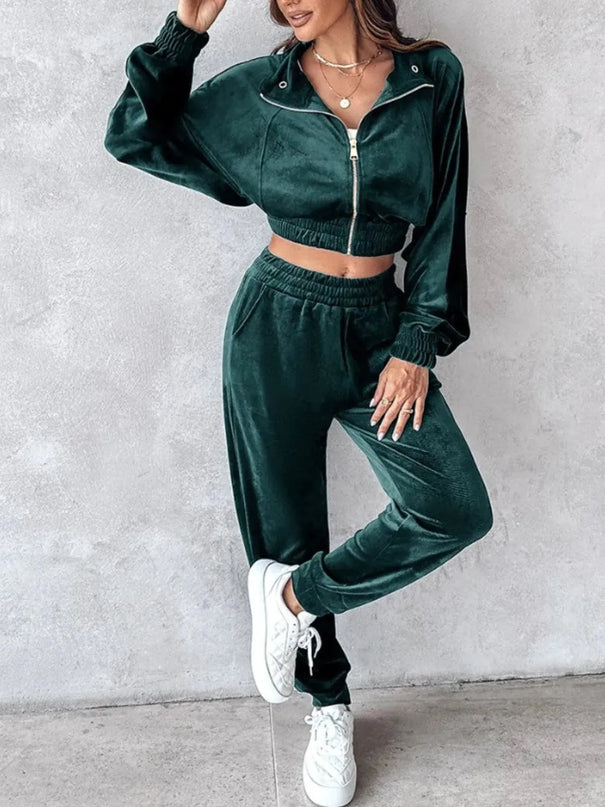 Zip Up Long Sleeve Cropped Top and Joggers Set - ShopEasier