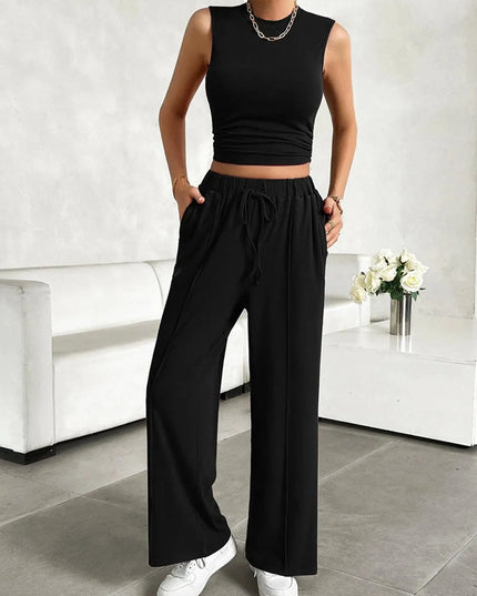 Devine Mock Neck Sleeveless Top and Drawstring Pants Set - ShopEasier