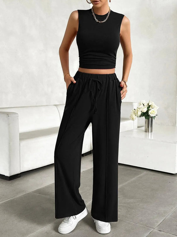 Devine Mock Neck Sleeveless Top and Drawstring Pants Set - ShopEasier