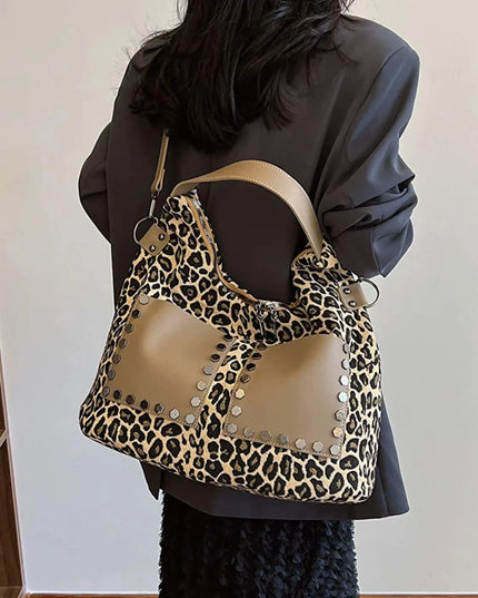 Leopard Polyester Shoulder Bag with Zippers