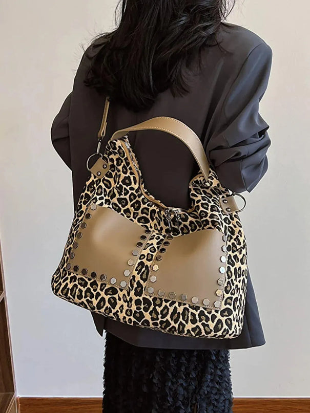 Bolso bandolera de poliéster con estampado de leopardo y cremalleras