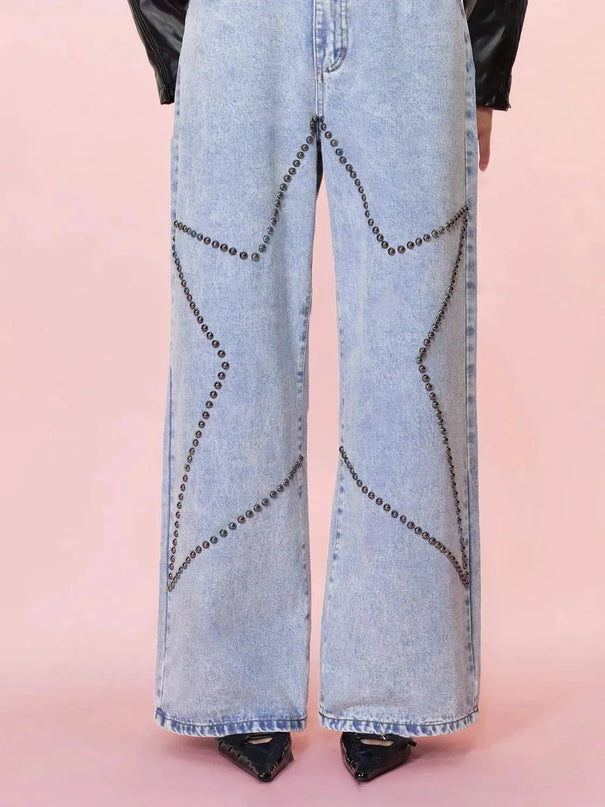 Studded Star Straight Jeans with Pockets - ShopEasier