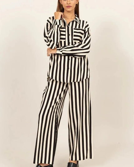 Chic Vertical Stripe Button-Up Shirt and Wide-Leg Pants Ensemble