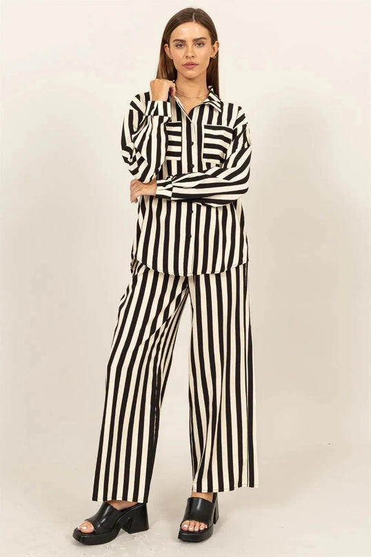 Chic Vertical Stripe Button-Up Shirt and Wide-Leg Pants Ensemble