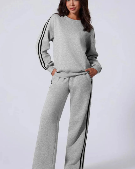 Sporty Side Striped Activewear Set with Round Neck Top and Pants