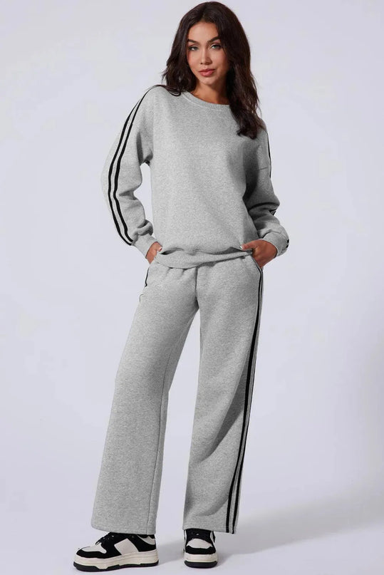 Sporty Side Striped Activewear Set with Round Neck Top and Pants