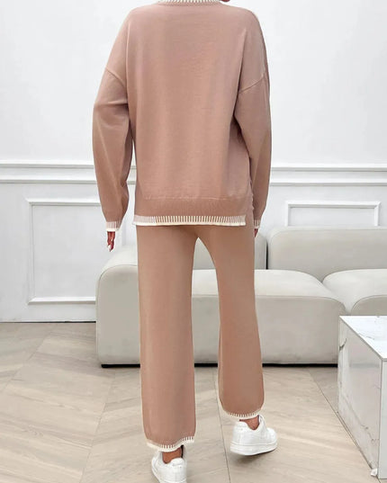 Chic Dropped Shoulder Sweater Set with Round Neck Top and Pants