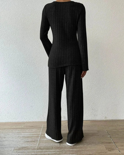 V-Neck Ribbed Long Sleeve Top with Pocketed Trousers Set