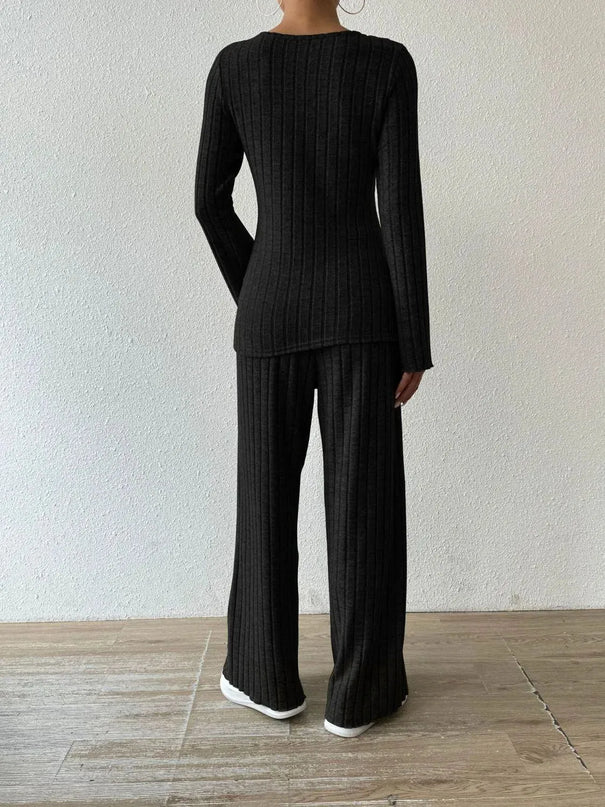 V-Neck Ribbed Long Sleeve Top with Pocketed Trousers Set