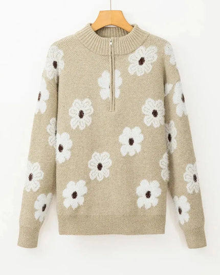 Flower Half Zip Long Sleeve Sweater - ShopEasier