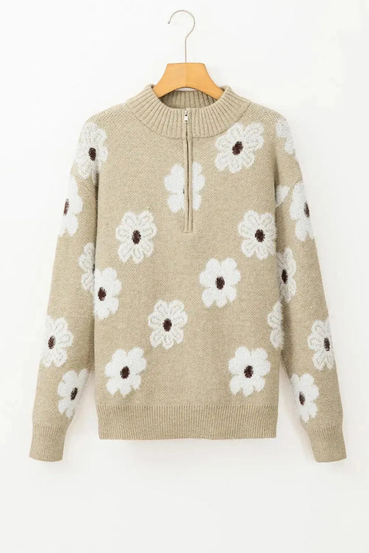 Flower Half Zip Long Sleeve Sweater - ShopEasier