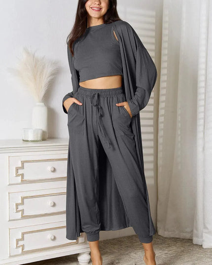 Three-Piece Tied Cardigan, Tank, and Pant Set with Pockets