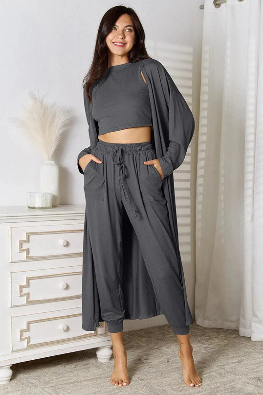 Three-Piece Tied Cardigan, Tank, and Pant Set with Pockets