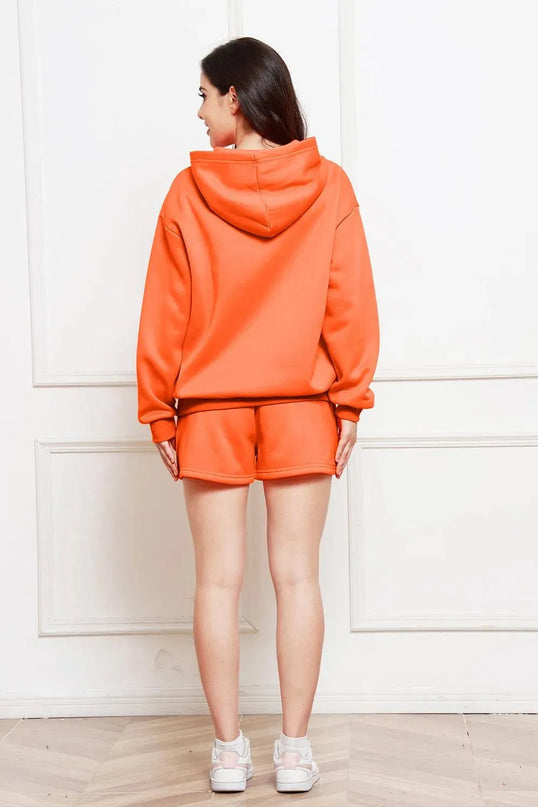 Casual Drop Shoulder Hoodie and Shorts Ensemble