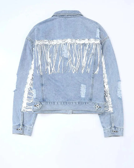 Sequin Fringe Trim Distressed Button Up Denim Jacket - ShopEasier