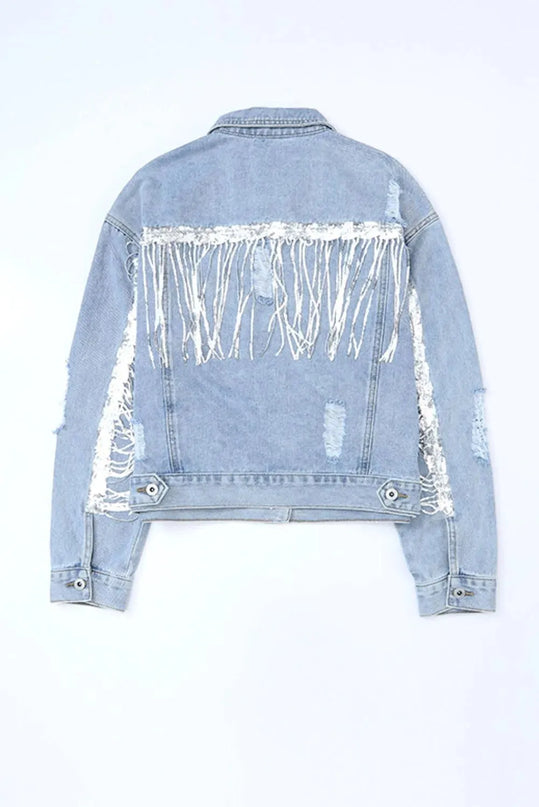 Sequin Fringe Trim Distressed Button Up Denim Jacket - ShopEasier