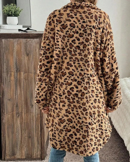 Leopard Button Up Long Sleeve Fuzzy Coat - ShopEasier