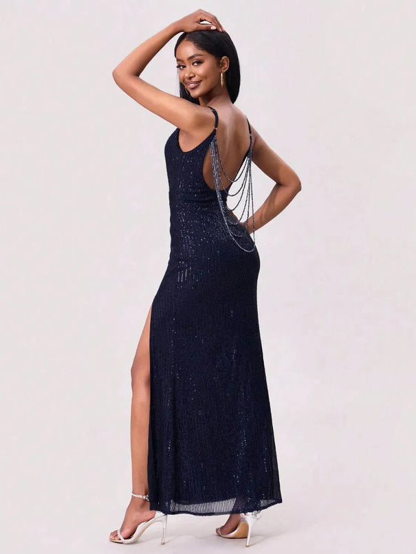 Split Sequin Backless Maxi Cami Dress