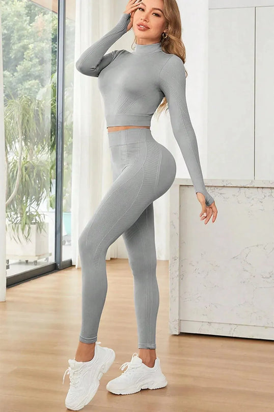 Mock Neck Long Sleeve Top and Leggings Active Set - ShopEasier