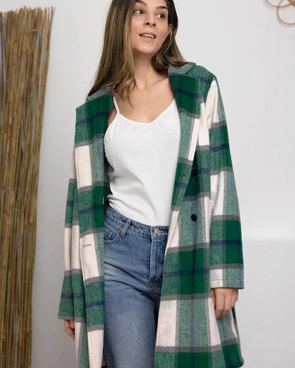 Plaid Button-Up Lapel Coat with Pockets - Full Size Double Take Design