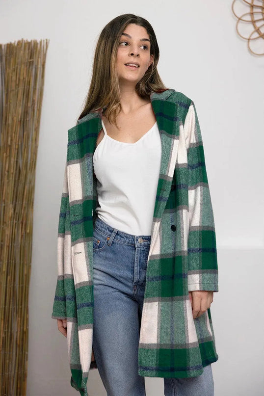 Plaid Button-Up Lapel Coat with Pockets - Full Size Double Take Design