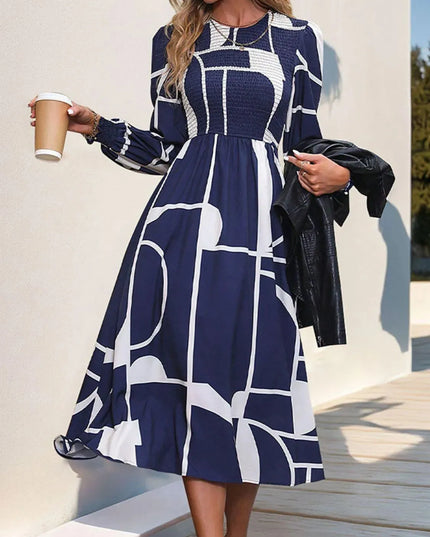 Perfee Smocked Color Block Long Sleeve Midi Dress - ShopEasier