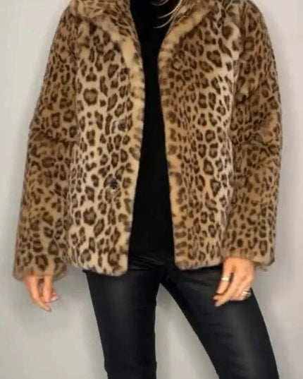 Full Size Leopard Furry Collared Neck Long Sleeve Coat - ShopEasier