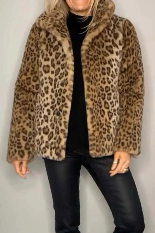 Full Size Leopard Furry Collared Neck Long Sleeve Coat - ShopEasier