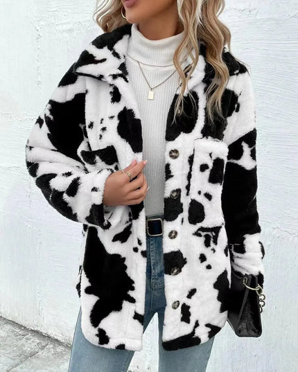 Cow Print Collared Neck Button Up Fuzzy Jacket - ShopEasier