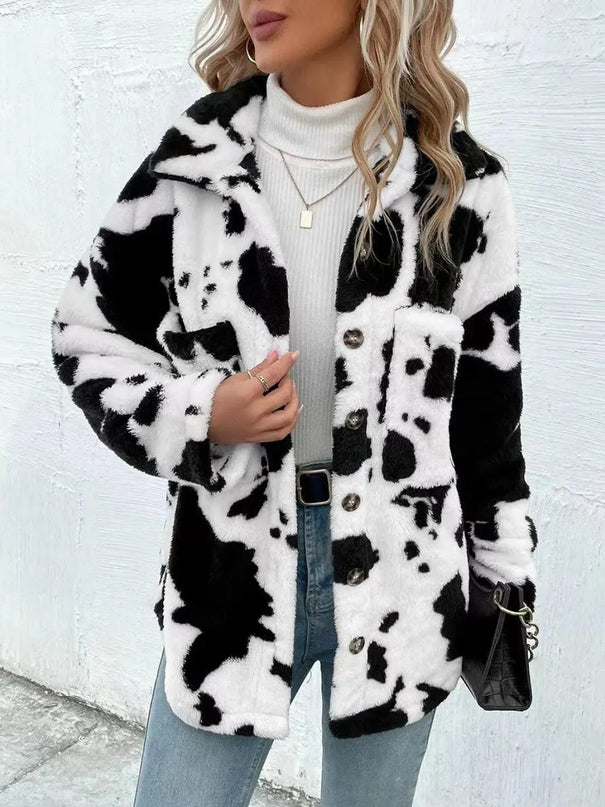 Cow Print Collared Neck Button Up Fuzzy Jacket - ShopEasier