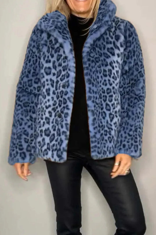 Full Size Leopard Furry Collared Neck Long Sleeve Coat - ShopEasier