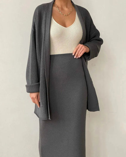 Pocketed Long Sleeve Cardigan and Skirt Sweater Set