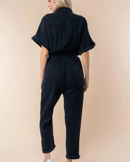 White Birch Texture Short Sleeve Jumpsuit - ShopEasier