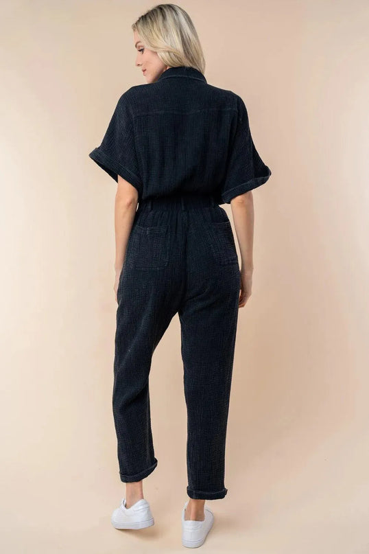 White Birch Texture Short Sleeve Jumpsuit - ShopEasier