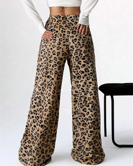 Pantalones anchos de felpa con estampado de leopardo