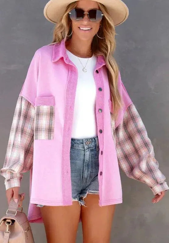 Plaid Button Up Shacket with Chest Pockets - ShopEasier