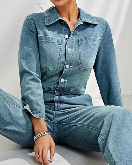 Half Button Long Sleeve Straight Leg Denim Jumpsuit - ShopEasier