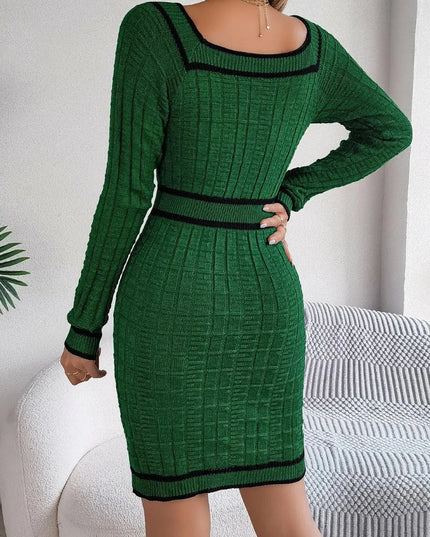 Contrast Trim Long Sleeve Sweater Dress