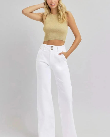 RISEN Full Size Tummy Control Double Button Wide Leg Jeans - ShopEasier