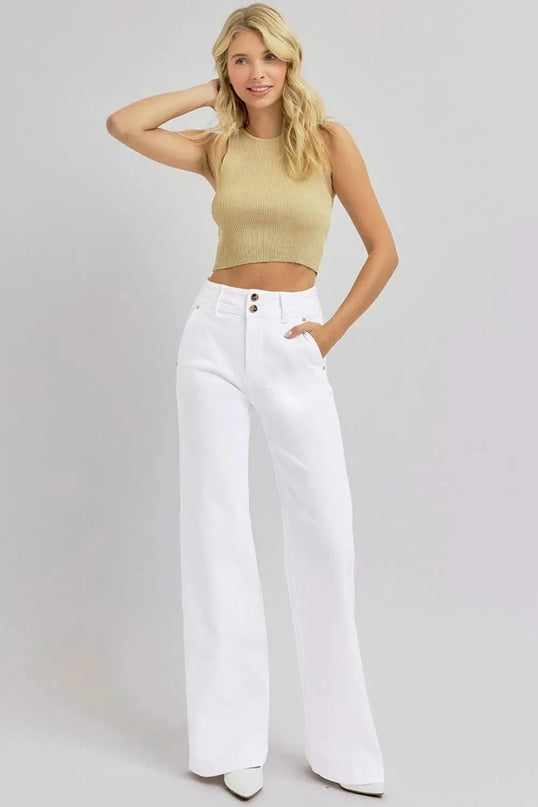 RISEN Full Size Tummy Control Double Button Wide Leg Jeans - ShopEasier