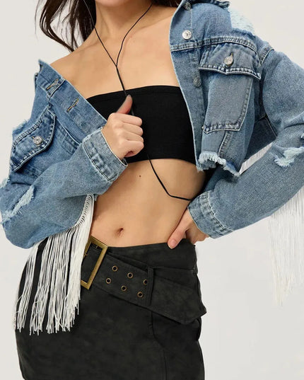 Distressed Fringe Collared Neck Cropped Denim Top