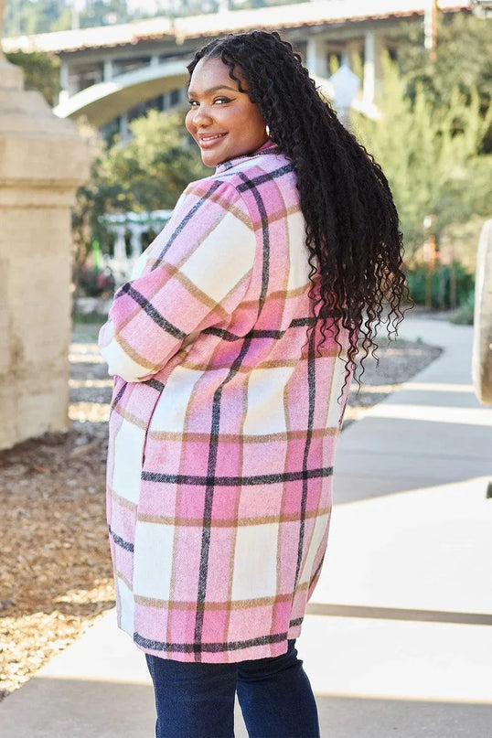 Plaid Button-Up Lapel Coat with Pockets - Full Size Double Take Design