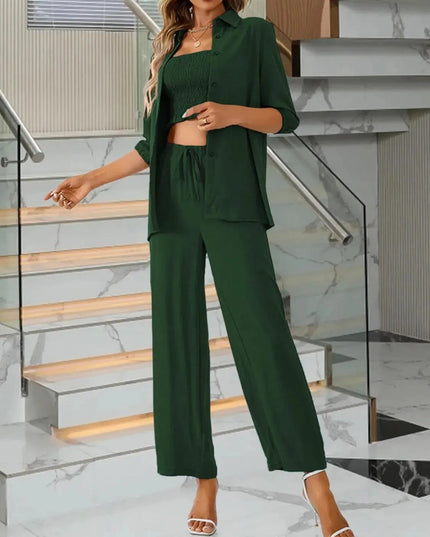 Three-Piece Smocked Crop Top, Button-Up Shirt, and Drawstring Trousers Set