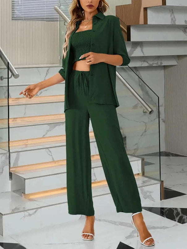 Three-Piece Smocked Crop Top, Button-Up Shirt, and Drawstring Trousers Set