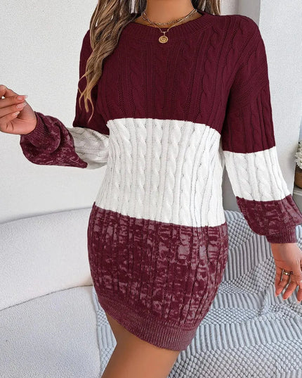 Cable-Knit Round Neck Color Block Sweater Dress - ShopEasier