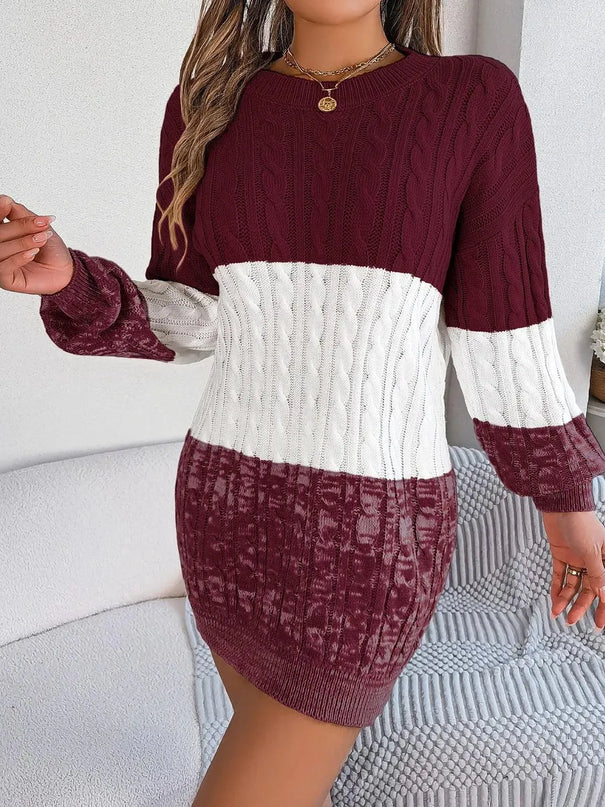 Cable-Knit Round Neck Color Block Sweater Dress - ShopEasier