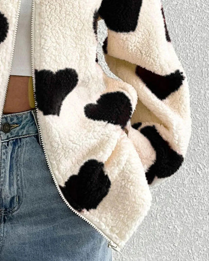 Heart Zip Up Drop Shoulder Furry Jacket - ShopEasier