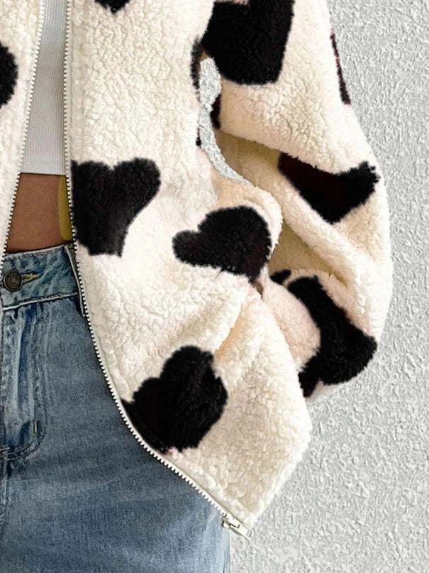 Heart Zip Up Drop Shoulder Furry Jacket - ShopEasier