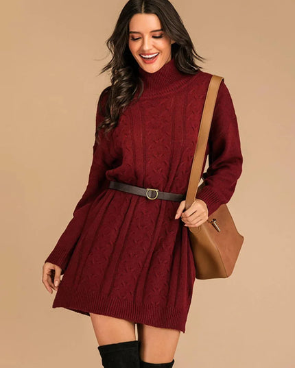 Perfee Slit Turtleneck Long Sleeve Mini Sweater Dress